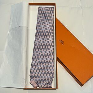 Hermes Paris Pink and Blue Silk Tie with Geometric Pattern